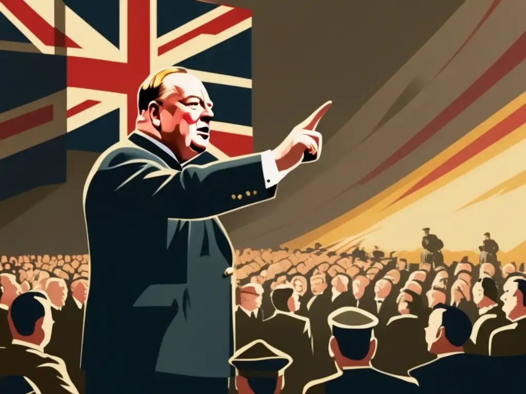 En la imagen, Winston Churchill pronuncia un inspirador discurso durante la Segunda Guerra Mundial, irradiando liderazgo y determinación