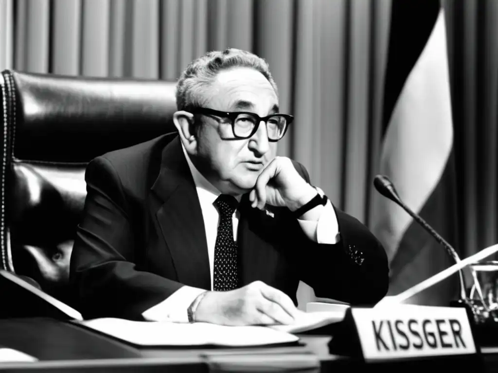 En la imagen, Henry Kissinger lidera una intensa negociación diplomática, exudando autoridad y destreza