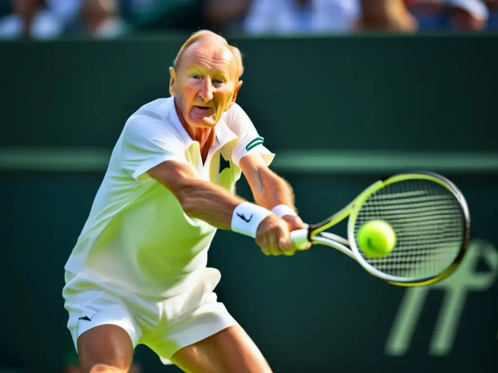 Imagen de Rod Laver midserve, capturando la intensidad y precisión en la cancha de tenis