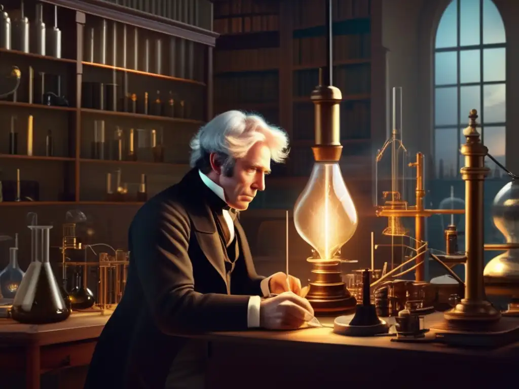 En la imagen, Michael Faraday trabaja con intensidad en su laboratorio, rodeado de instrumentos científicos y un resplandor etéreo