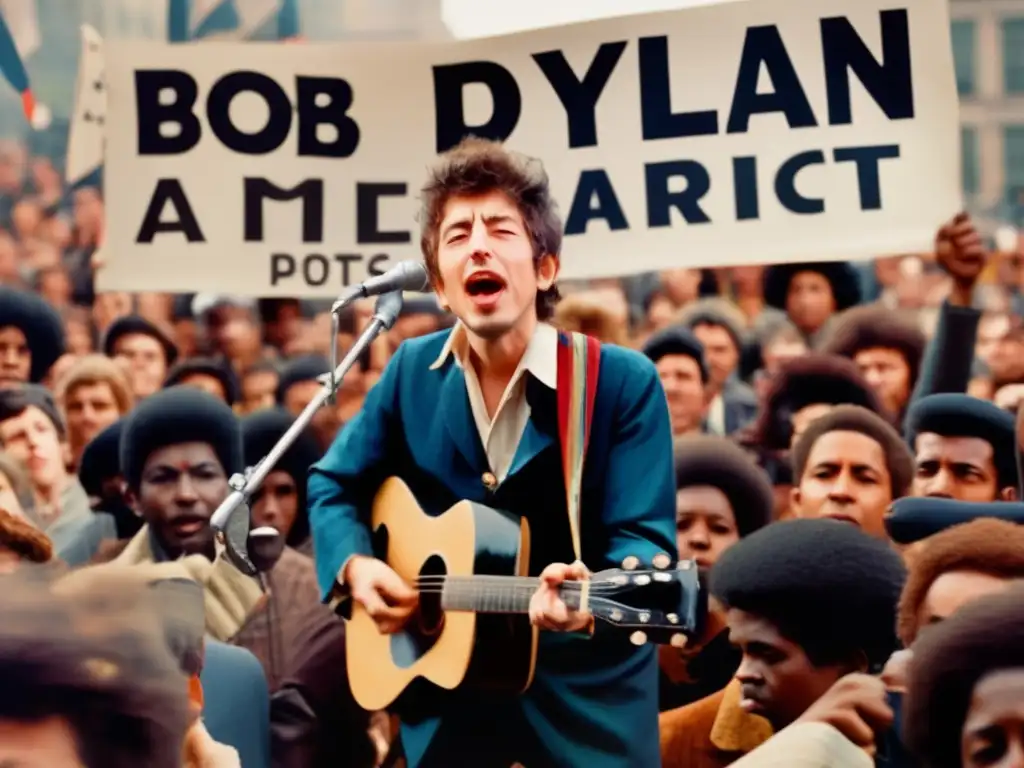 En la imagen, Bob Dylan canta con intensidad en un mitin de protesta de los 60, rodeado de activistas y pancartas