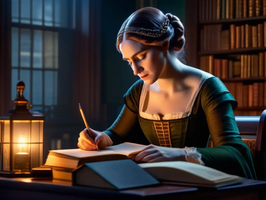 En la imagen, Mary Shelley escribe con intensidad rodeada de libros y manuscritos bajo la suave luz de la ventana