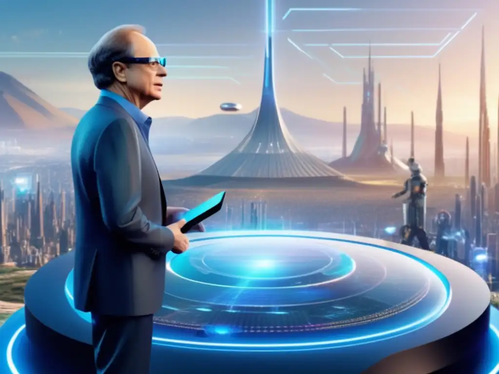 En la imagen, Ray Kurzweil interactúa con la inteligencia artificial y realidad virtual, simbolizando su visión de la singularidad tecnológica