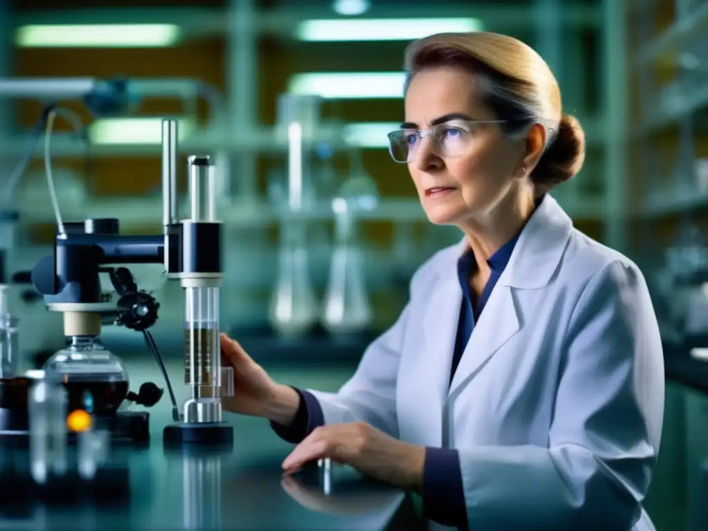 En la imagen, Gerty Cori realiza investigaciones en un laboratorio moderno, rodeada de equipos científicos avanzados