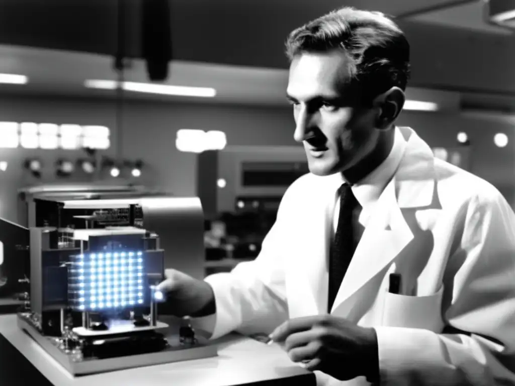 En la imagen, Robert Noyce irradia determinación frente a una máquina de fabricación de microchips
