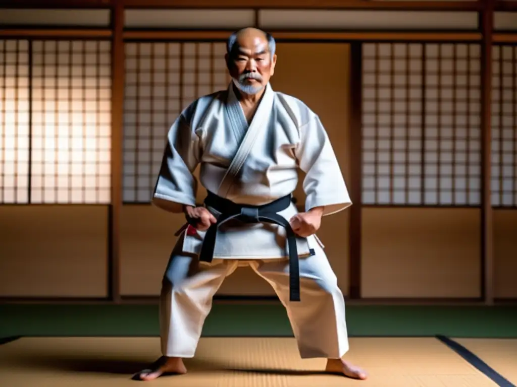 Imagen de Jigoro Kano en gi de judo tradicional, reflejando su filosofía y la serenidad del dojo japonés