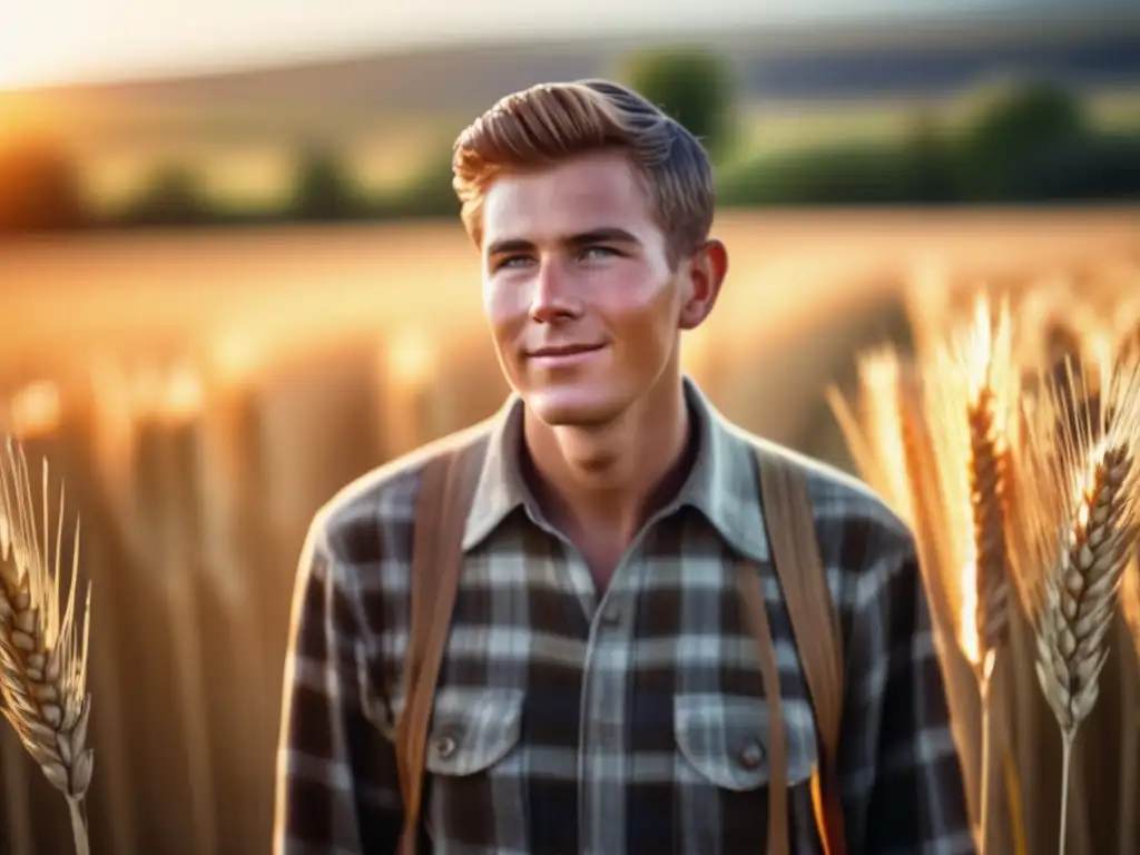 En la imagen, el joven Norman Borlaug se destaca en un campo de trigo exuberante, con una expresión determinada, sosteniendo tallos de trigo dorado