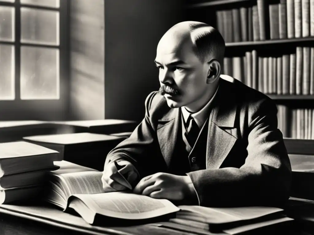 En la imagen se ve a un joven Vladimir Lenin concentrado en una aula, rodeado de libros y papeles, con una expresión de determinación