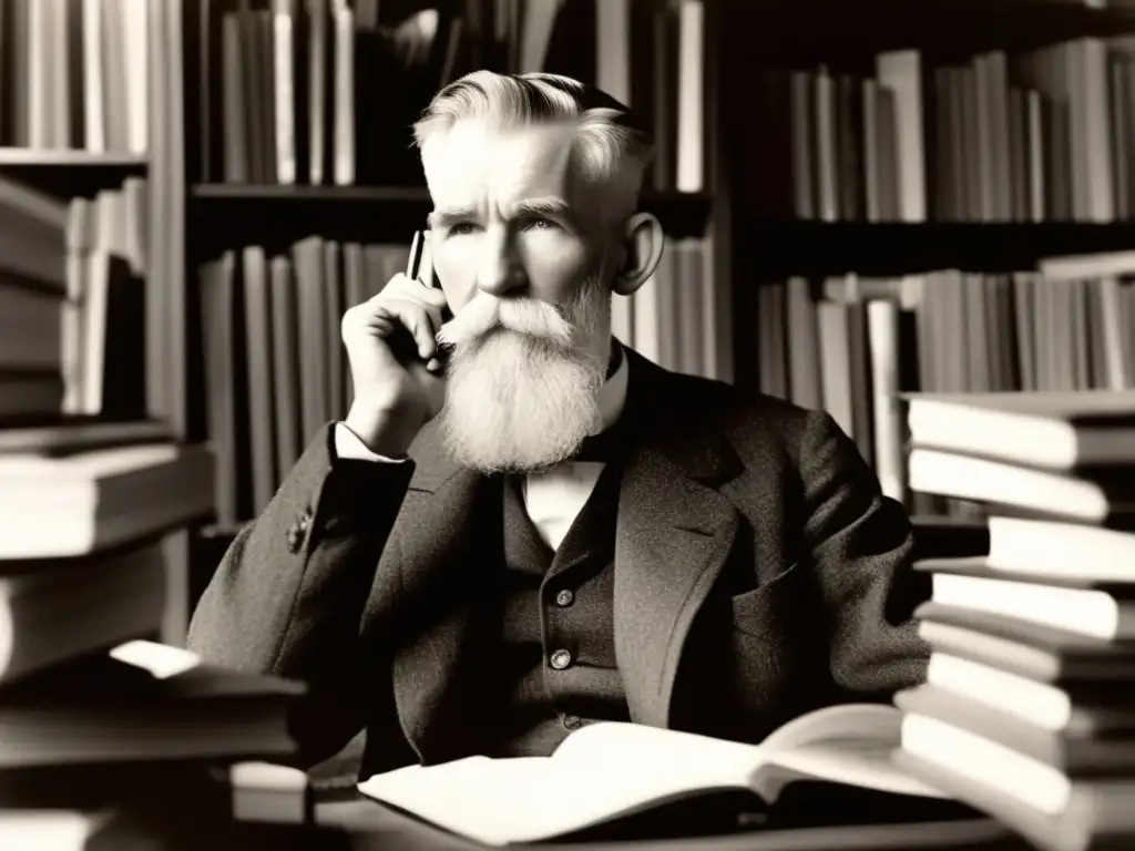En la imagen, un joven George Bernard Shaw se sienta en un escritorio rodeado de libros y papeles, profundamente concentrado