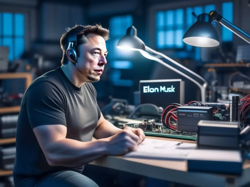 En la imagen, un joven Elon Musk trabaja intensamente en su garaje, rodeado de piezas de computadora y herramientas de ingeniería