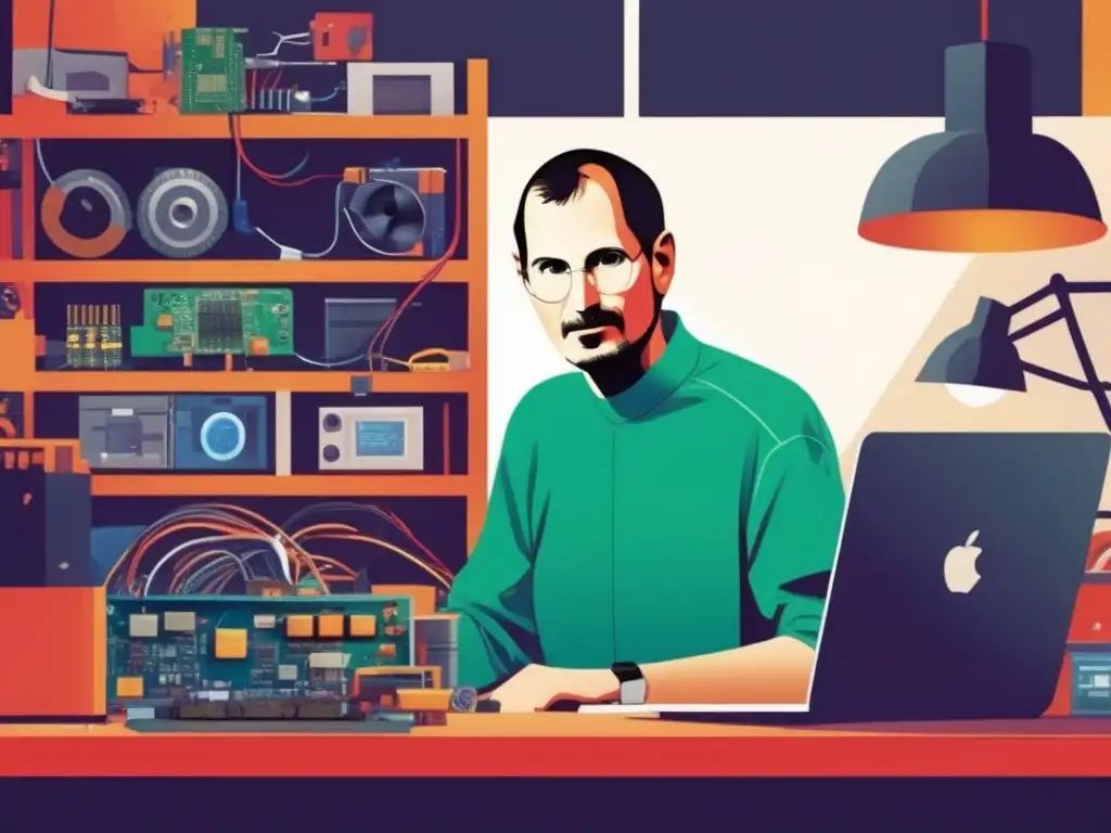 En la imagen, un joven Steve Jobs trabaja en su garaje rodeado de componentes electrónicos, con determinación y enfoque