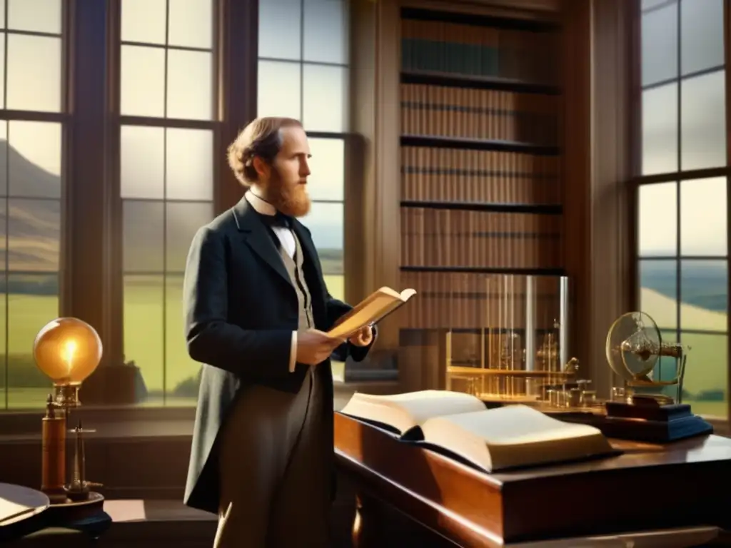 En la imagen, un joven James Clerk Maxwell reflexiona en una habitación llena de instrumentos científicos, mientras la luz ilumina cada detalle