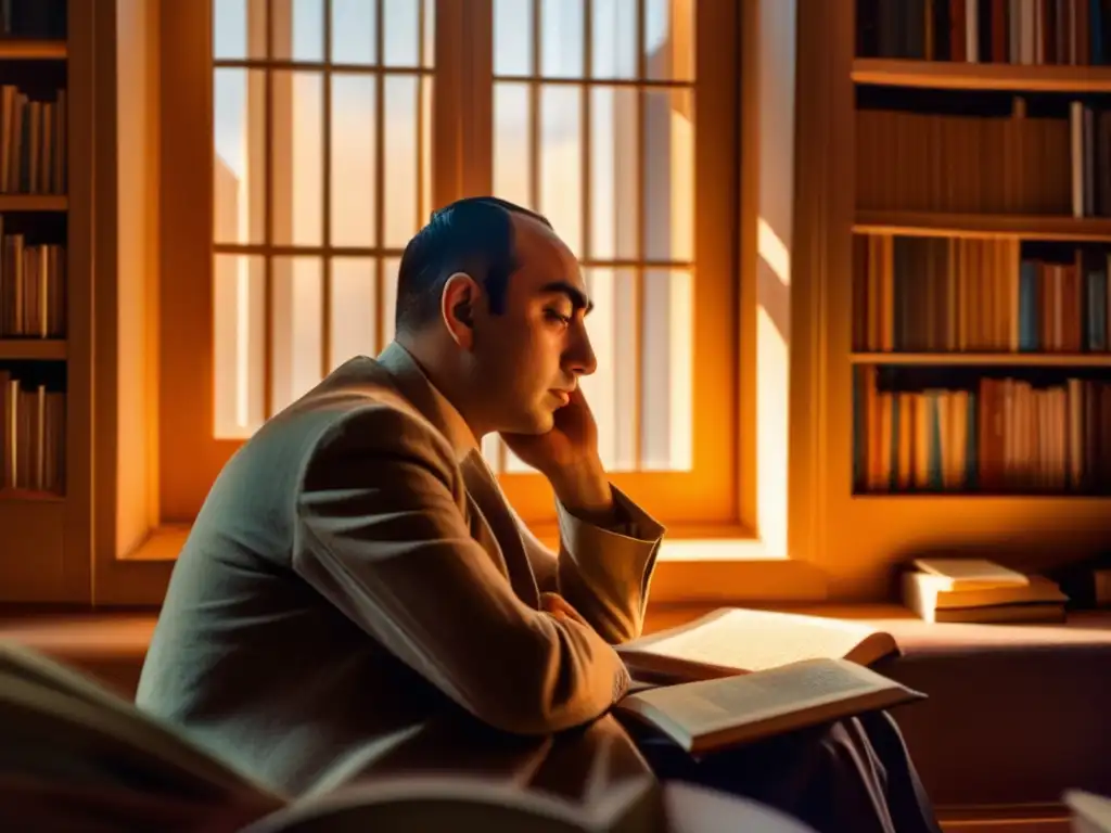 En la imagen, un joven Pablo Neruda reflexiona en una habitación soleada llena de libros, con una expresión pensativa mientras mira por la ventana