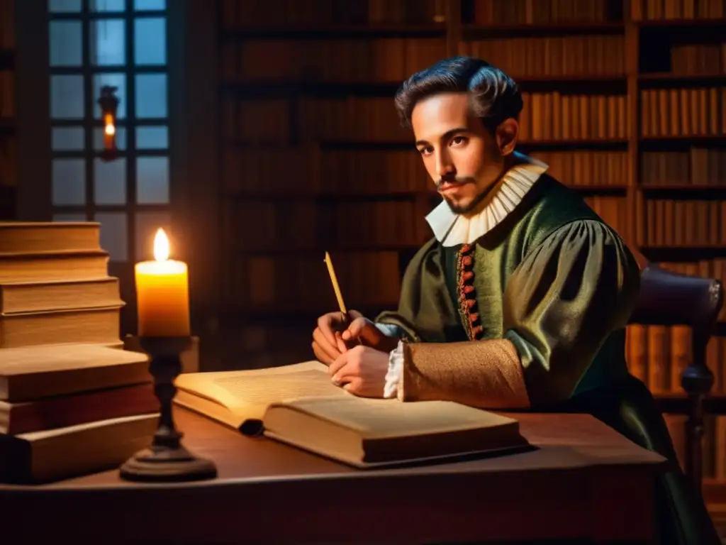 En la imagen, vemos a un joven Miguel de Cervantes escribiendo fervientemente en una habitación tenue, rodeado de libros y manuscritos