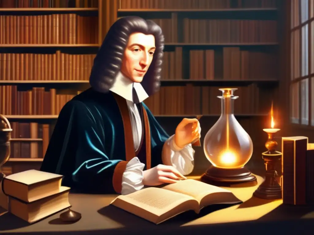 En la imagen, el joven Robert Boyle está inmerso en sus estudios, rodeado de libros antiguos y utensilios científicos