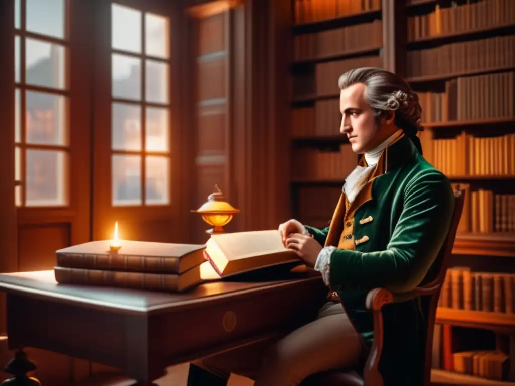 En la imagen, un joven Johann Wolfgang von Goethe está sentado en un estudio rodeado de libros, escribiendo en un diario