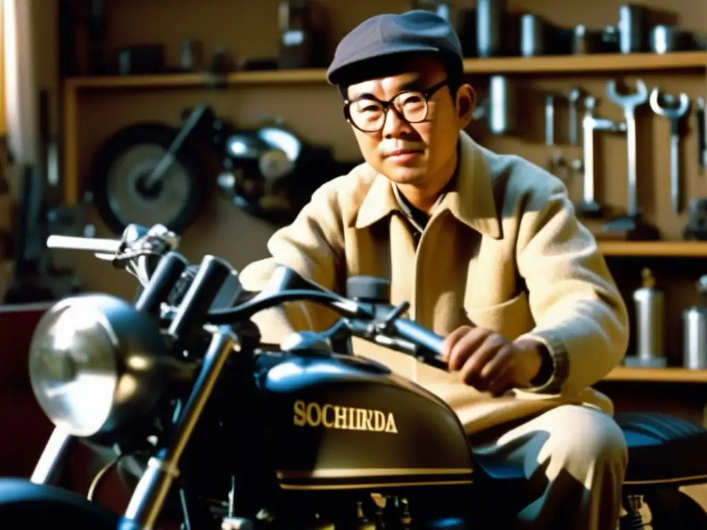 En la imagen, un joven Soichiro Honda trabaja en una motocicleta en su garaje, rodeado de herramientas y piezas