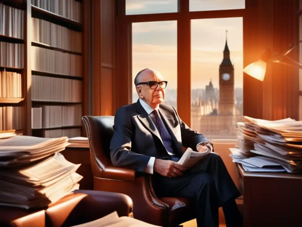 En la imagen, un joven Rupert Murdoch reflexiona en su oficina, rodeado de periódicos y documentos