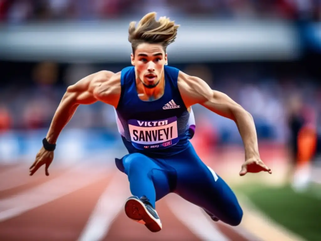 En la imagen se muestra a un joven Viktor Saneyev en pleno salto triple, con intensa concentración