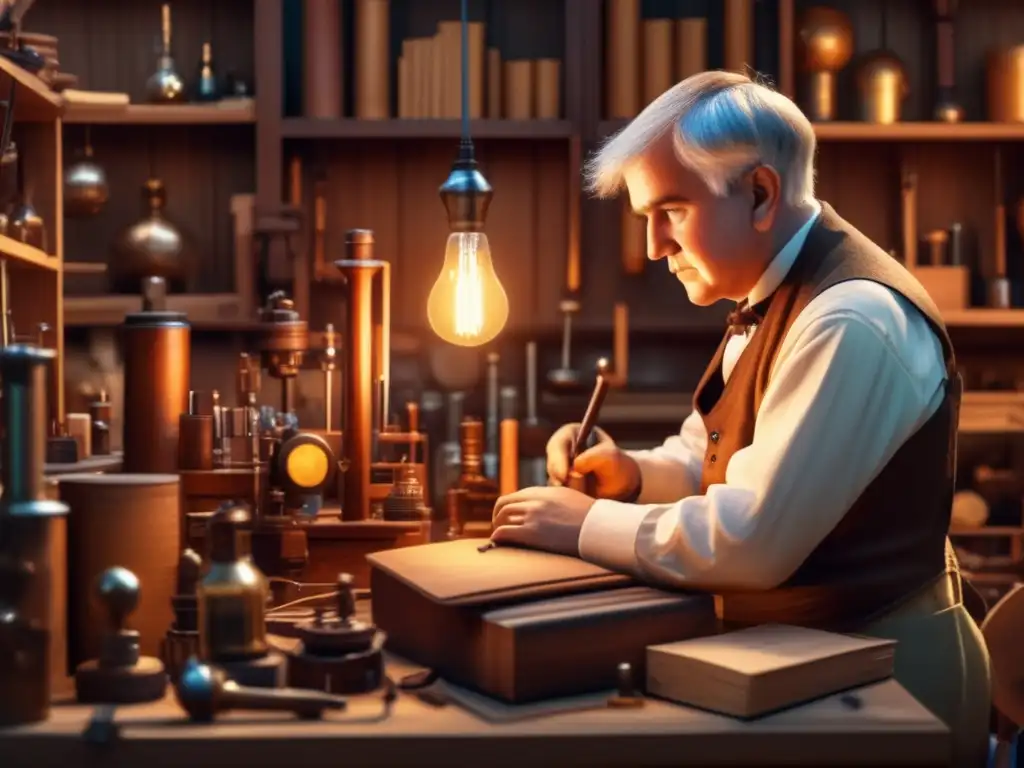 En la imagen se muestra a un joven Thomas Edison en su taller, rodeado de herramientas, libros e inventos