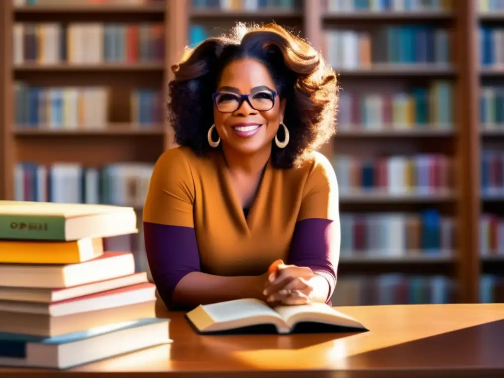 Una imagen de la joven Oprah Winfrey, inmersa en la lectura en una acogedora biblioteca iluminada por el sol