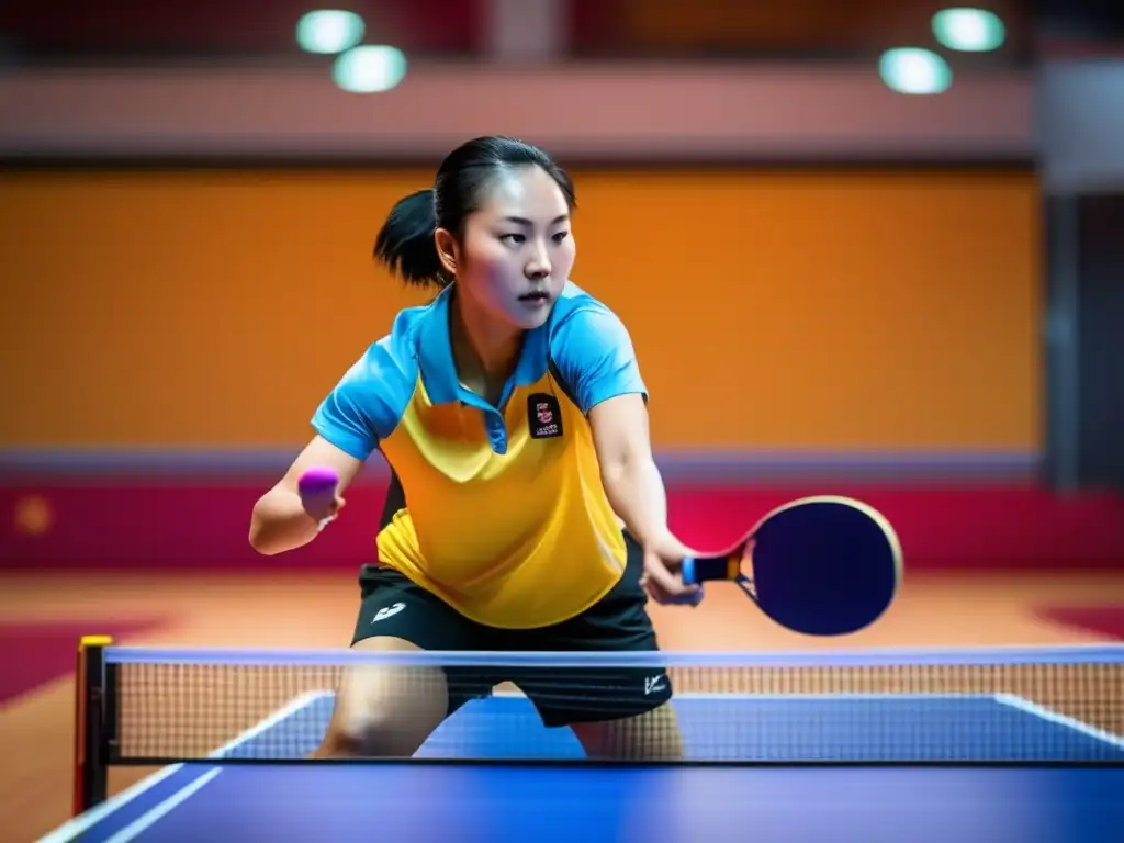 En la imagen se ve a la joven Deng Yaping practicando pingpong en una sala de entrenamiento vibrante y bien iluminada