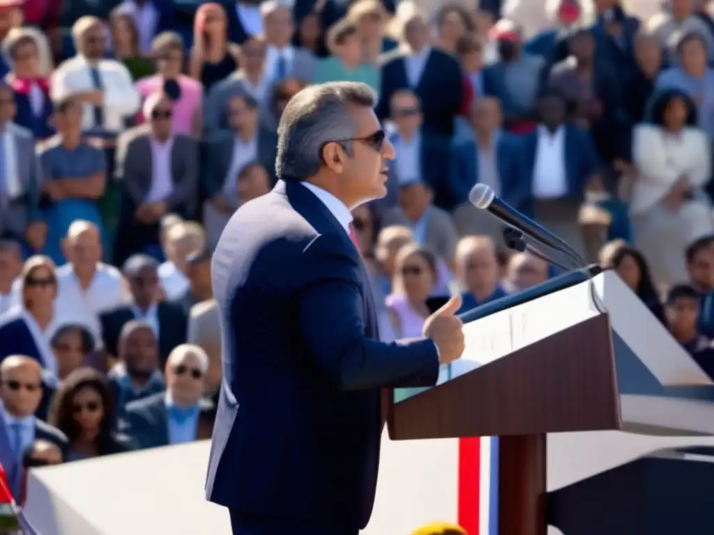 En la imagen, Julio María Sanguinetti da un discurso en un mitin político, proyectando liderazgo y carisma ante una audiencia diversa y atenta