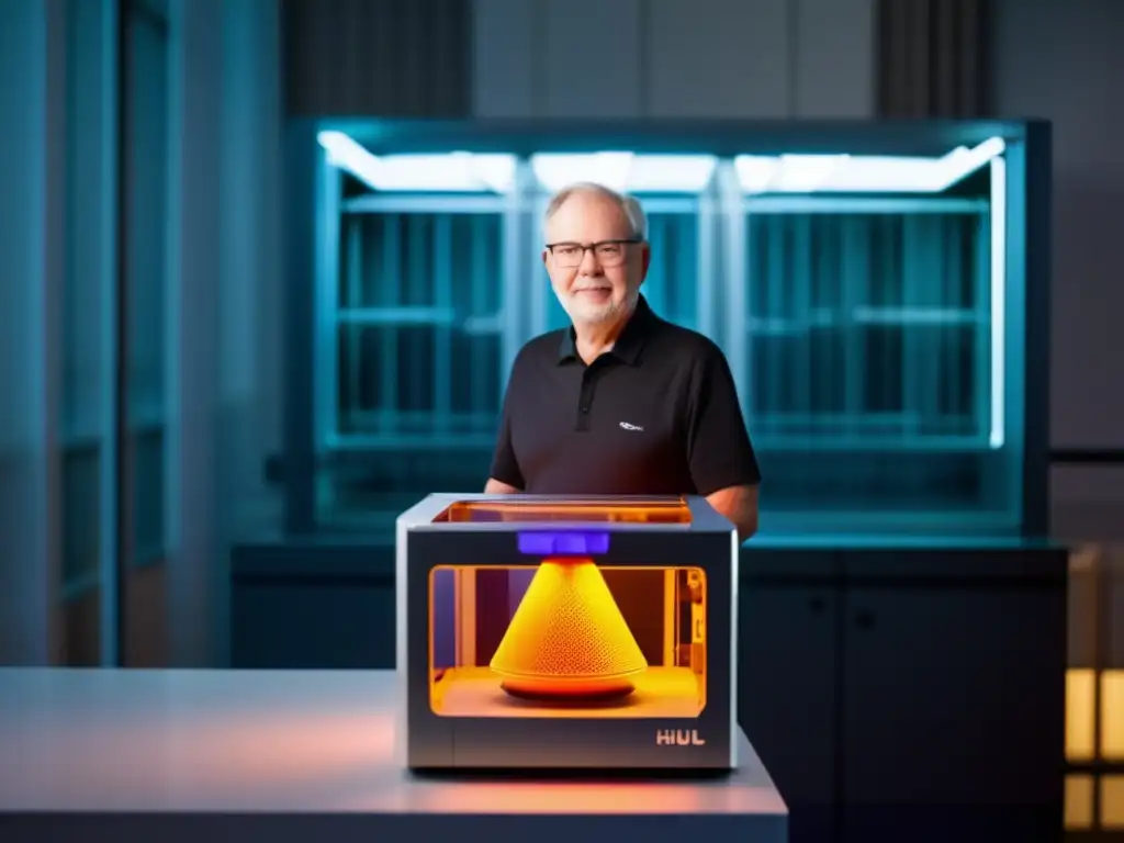 Una imagen de alta resolución de Chuck Hull, inventor de la estereolitografía, junto a una impresora 3D de vanguardia