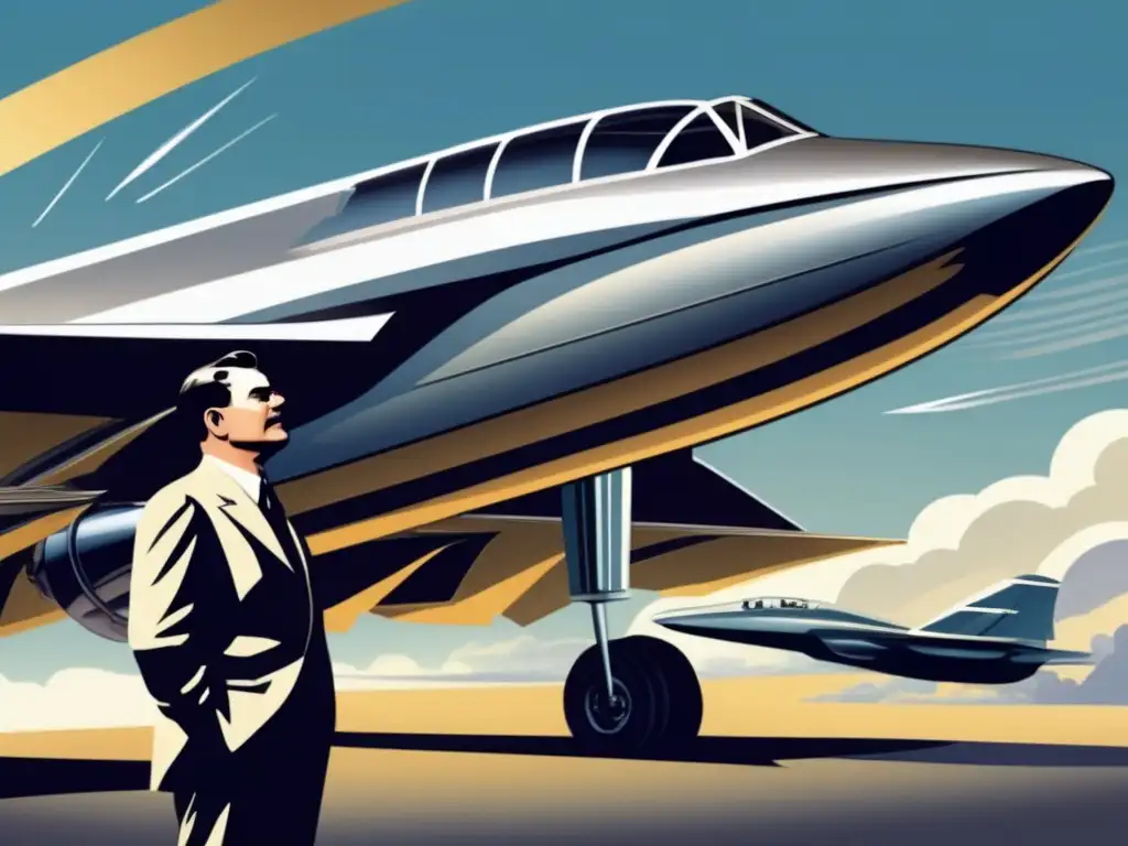 En la imagen se ve a Frank Whittle junto a su motor a reacción, con un avión supersónico en vuelo