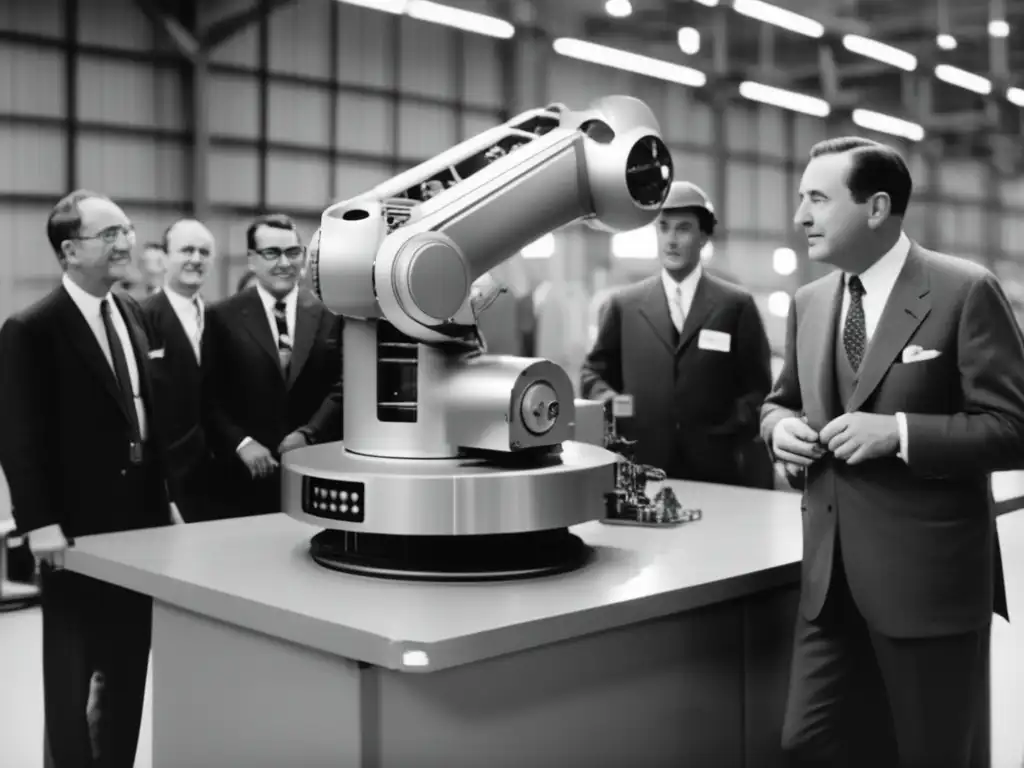 En la imagen, George Devol posa junto al primer robot industrial, Unimate, en una fábrica futurista