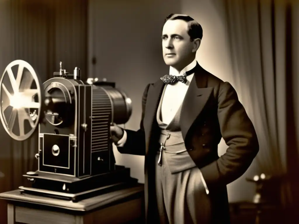 En la imagen se muestra a Charles Francis Jenkins junto a su primitivo proyector de películas, con una expresión de determinación