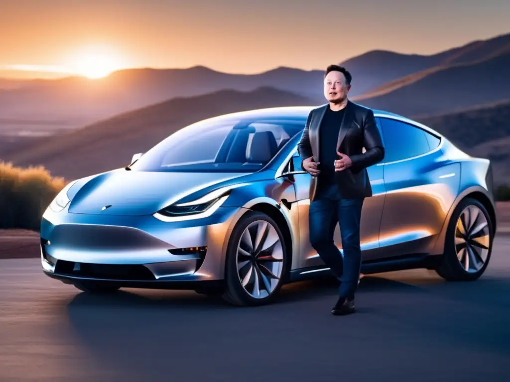 En la imagen, Elon Musk destaca junto a un prototipo de auto eléctrico futurista, con el sol poniéndose detrás de él