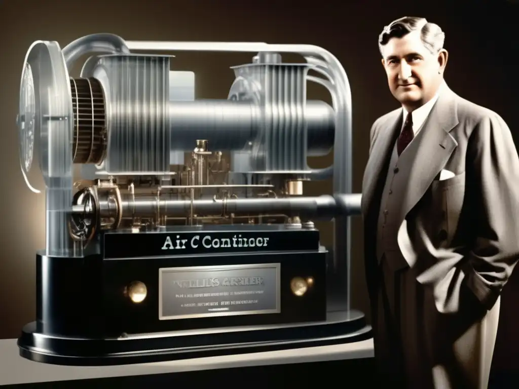 La imagen muestra a Willis Carrier junto a su revolucionaria máquina de aire acondicionado, con un brillo moderno iluminando su rostro