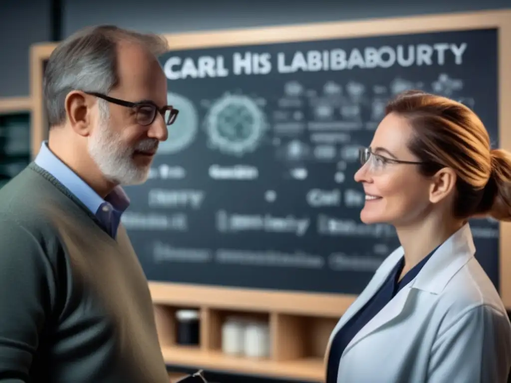 La imagen muestra a Gerty Cori y Carl Cori trabajando juntos en su laboratorio, inmersos en su investigación sobre el metabolismo de los carbohidratos