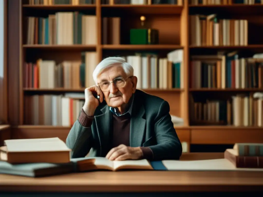 En la imagen, Jürgen Habermas está inmerso en sus pensamientos en su estudio, rodeado de libros y papeles
