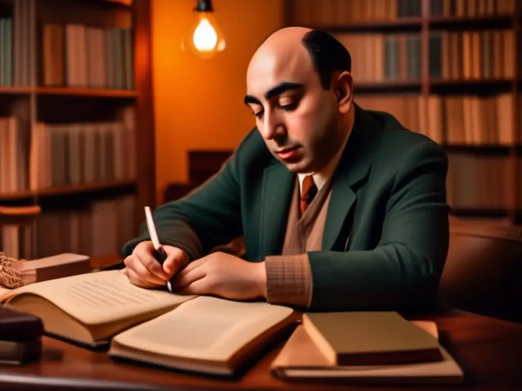 Una imagen en 8k de Pablo Neruda escribiendo apasionadamente en su juventud, rodeado de libros en un acogedor ambiente iluminado