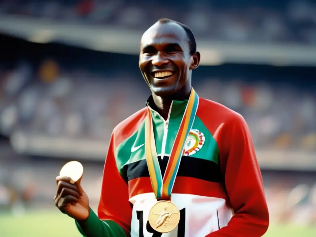 En la imagen se ve a Kipchoge Keino, atleta keniano, en el podio con su medalla de oro en los Juegos Olímpicos de 1968 en México