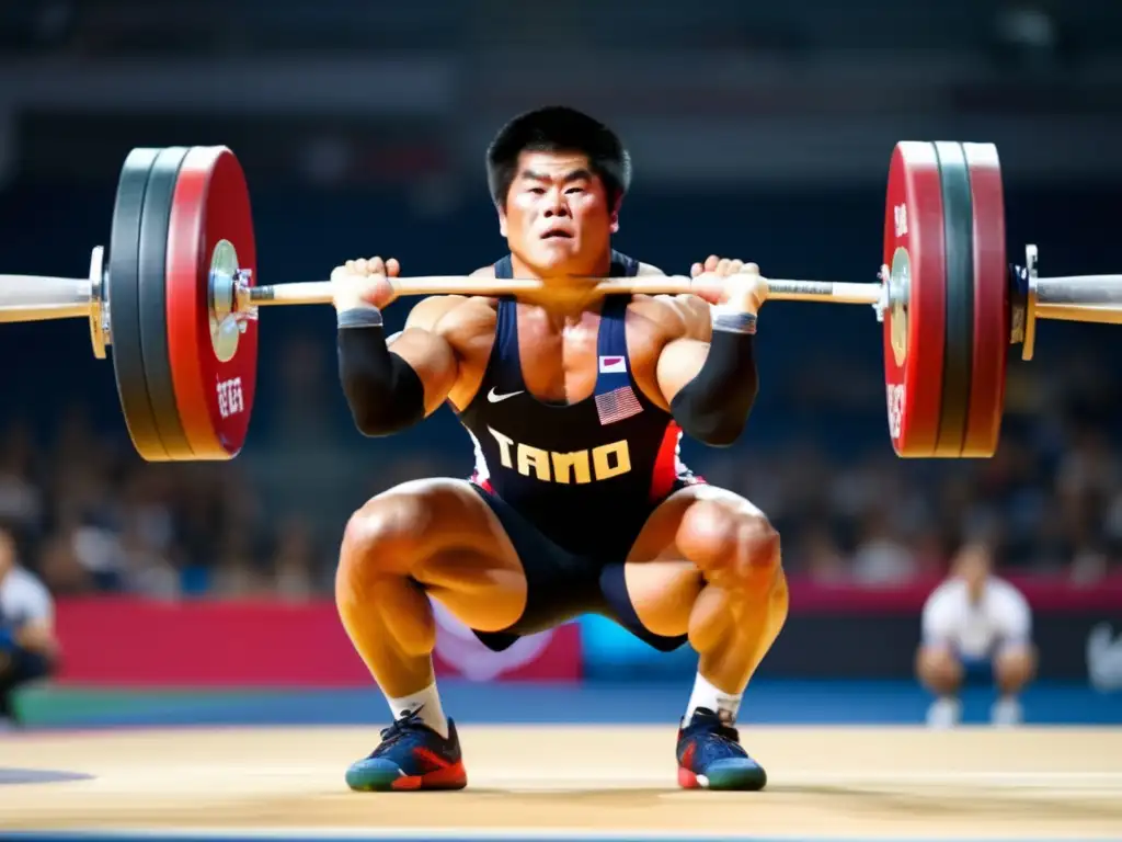 La imagen muestra a Tamio Kono levantando peso en una competencia de levantamiento de pesas, con su determinación y fuerza en plena exhibición