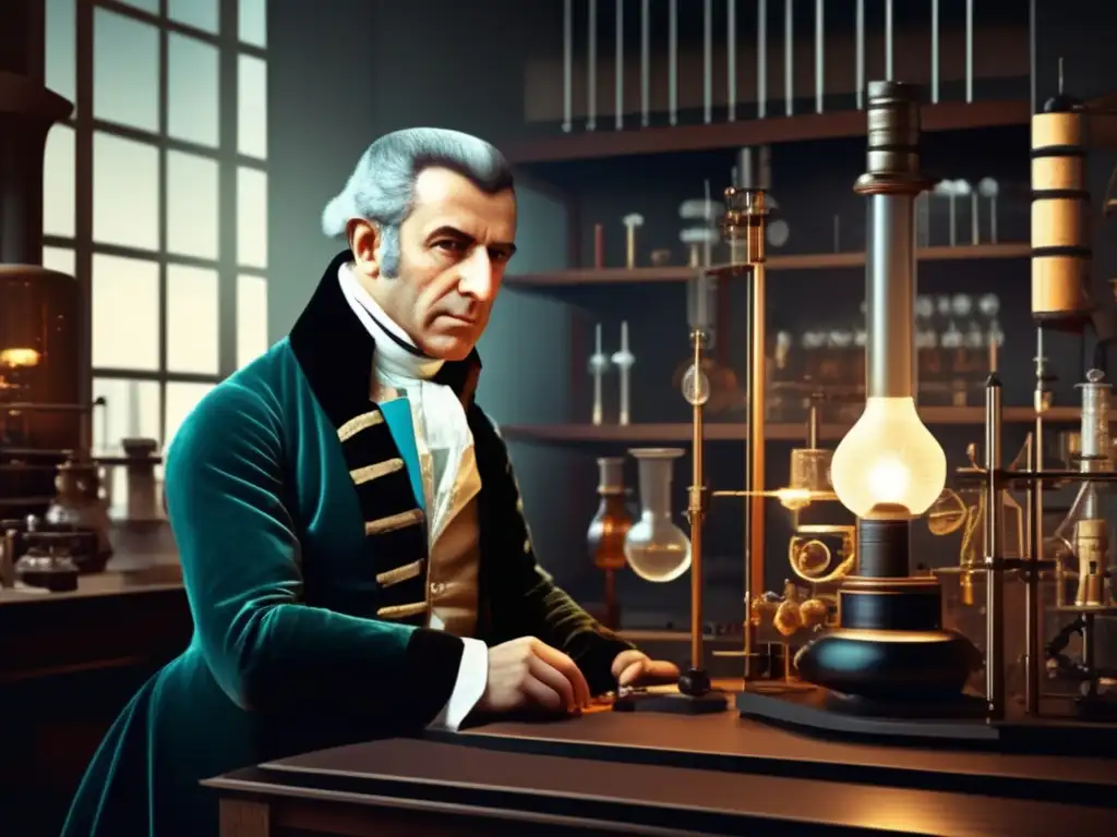 En la imagen se muestra a Alessandro Volta en su laboratorio, concentrado en sus experimentos eléctricos