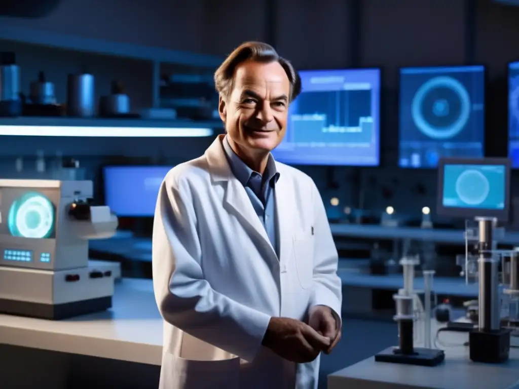 En la imagen, Richard Feynman está en un laboratorio moderno rodeado de equipo de nanotecnología
