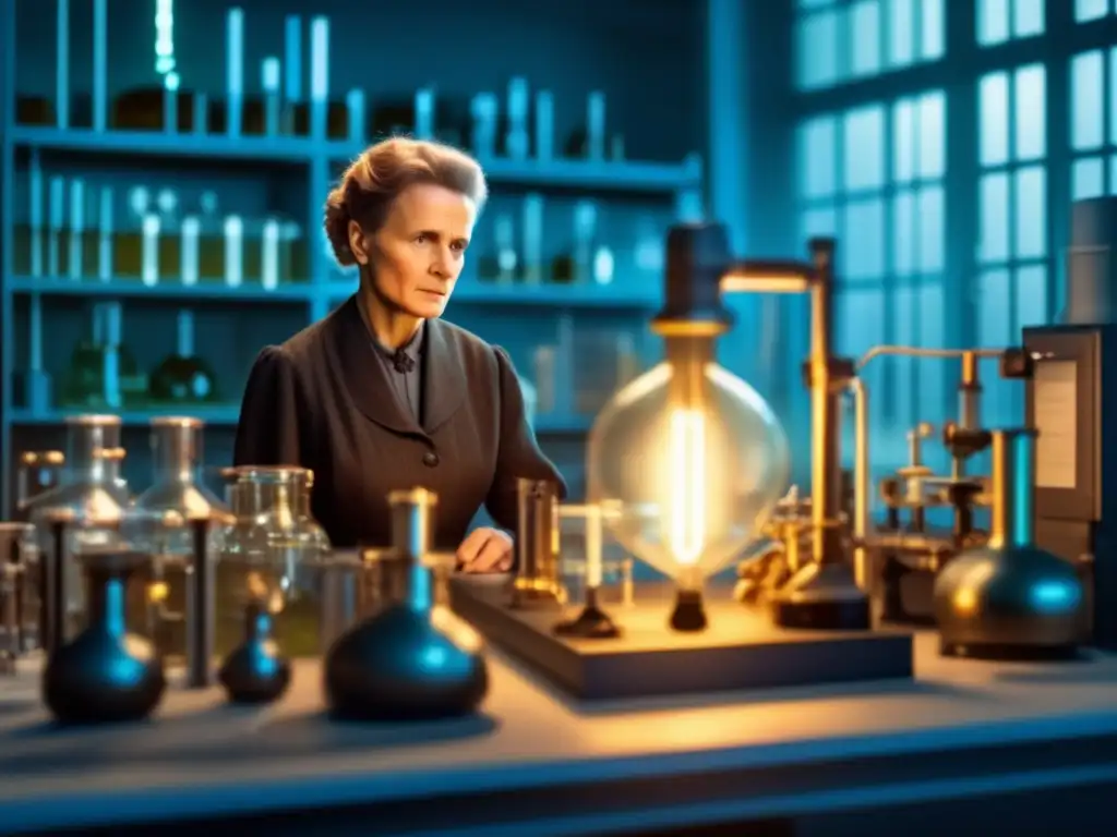 Una imagen en 8k de Marie Curie en su laboratorio, rodeada de equipo científico, concentrada en un experimento