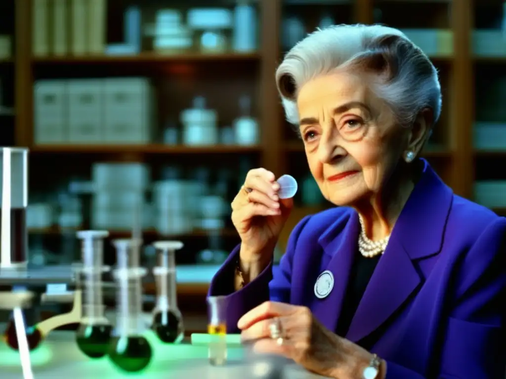 En la imagen, Rita Levi-Montalcini se encuentra en su laboratorio, rodeada de equipo científico y sosteniendo una diapositiva con células nerviosas