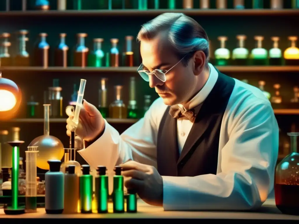 La imagen muestra a Eugène Schueller trabajando en su laboratorio, rodeado de botellas de cosméticos vintage, tubos de ensayo y equipo científico