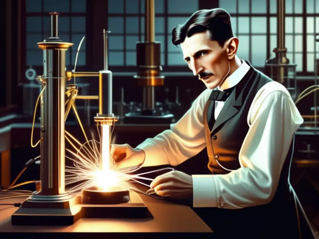 En la imagen, Nikola Tesla trabaja intensamente en su laboratorio rodeado de equipo eléctrico, reflejando su visión futurista