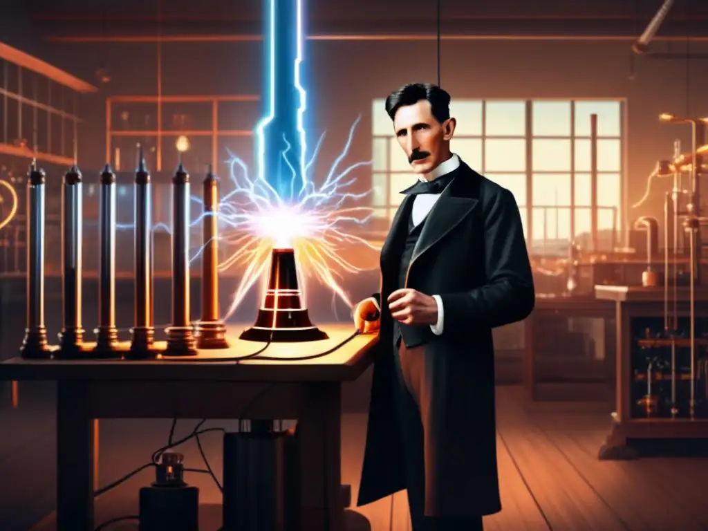 En la imagen, Nikola Tesla trabaja en su laboratorio rodeado de equipo eléctrico, sosteniendo una bobina Tesla brillante