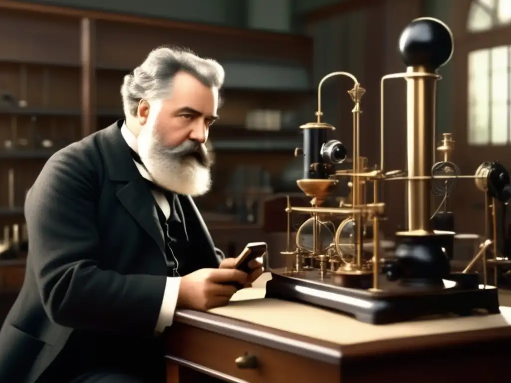 En la imagen, Alexander Graham Bell trabaja intensamente en su laboratorio, rodeado de equipo detallado, mientras inventa el teléfono