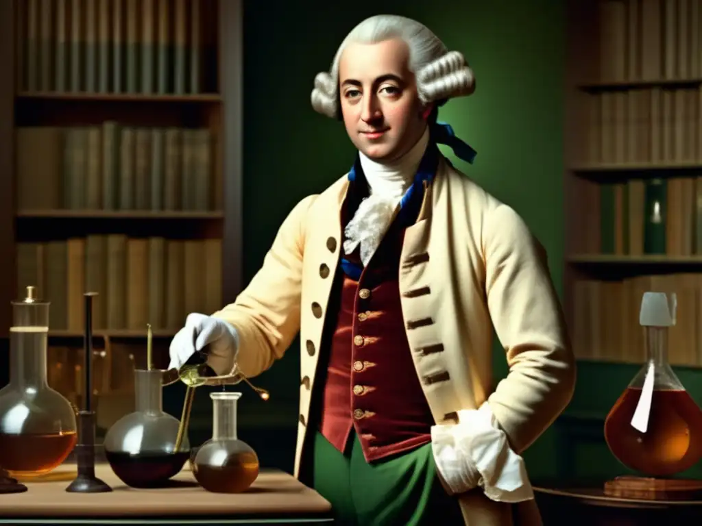 En la imagen, Antoine Lavoisier está en su laboratorio, rodeado de instrumentos científicos y libros, con una expresión de curiosidad y determinación