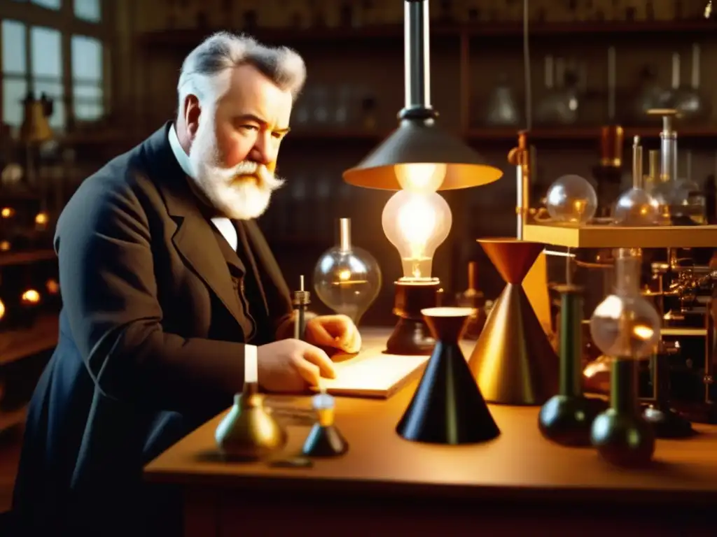 Una imagen de alta resolución de Alexander Graham Bell en su laboratorio, rodeado de inventos y dispositivos de comunicación