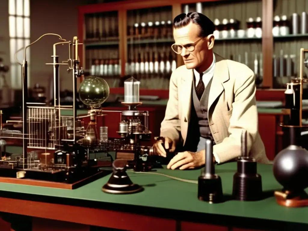 En la imagen se muestra a Philo Farnsworth trabajando en su laboratorio rodeado de prototipos de televisión y equipo científico