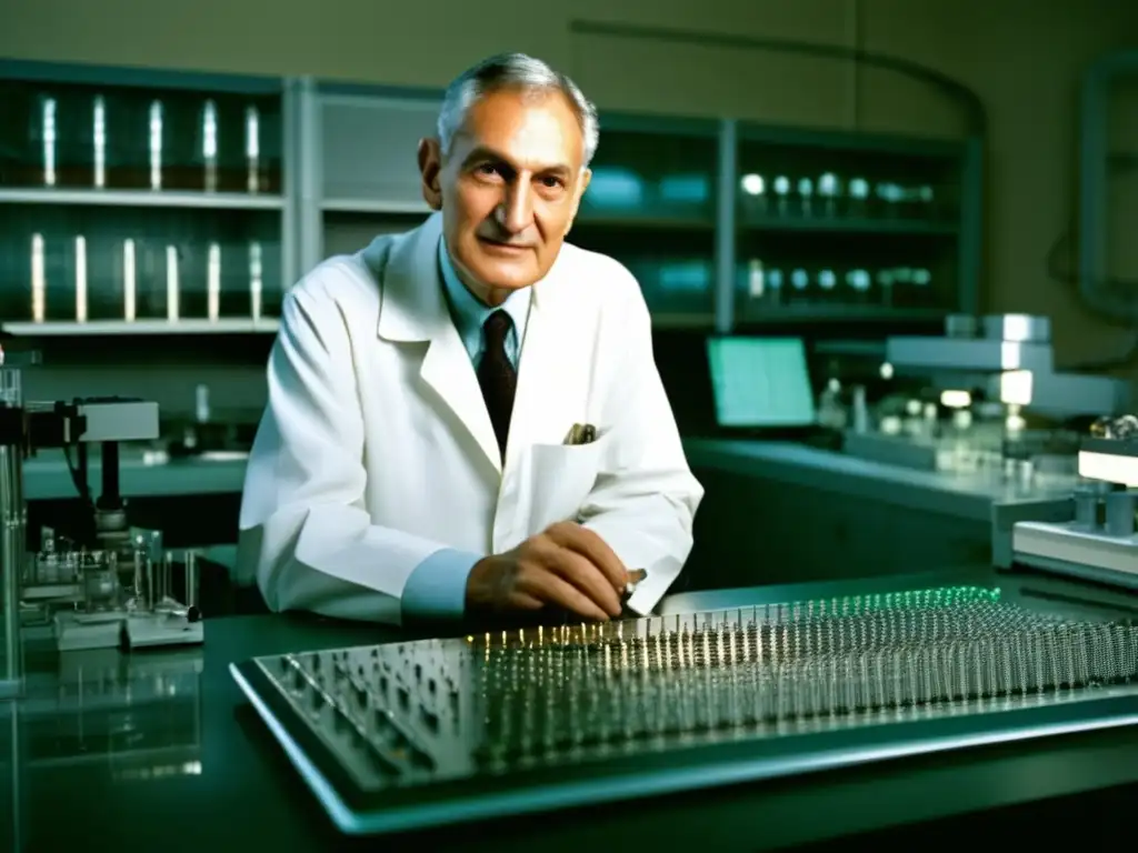 En la imagen se muestra a Robert Noyce en su laboratorio rodeado de tecnología de vanguardia, con una expresión concentrada y contemplativa